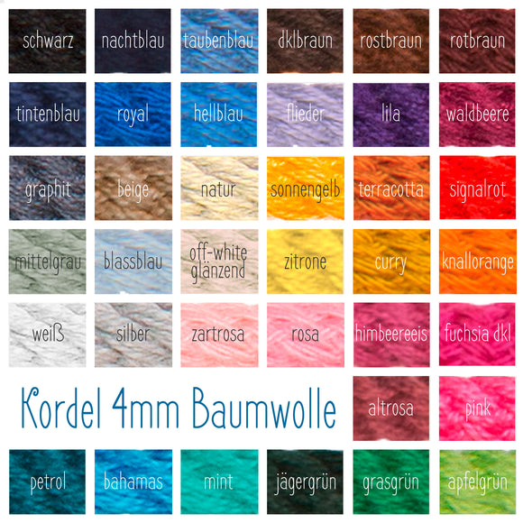 Farbübersicht der 4mm-Kordel aus Baumwolle