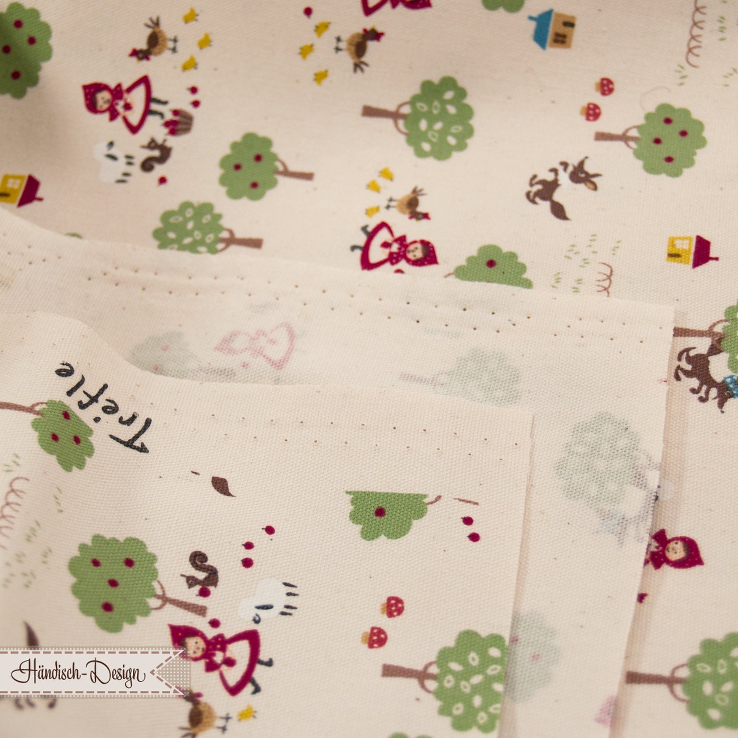 25cm Oxford (Canvas) „der Wolf und das Mädchen – Chibi-Pri“ Märchenmotiv ceme/bunt 19€/m kokka