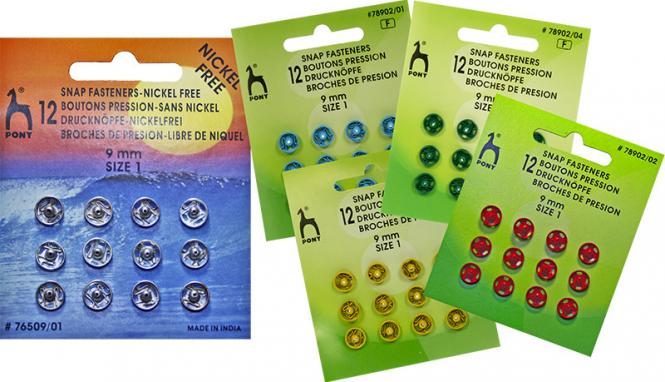 12 Druckknöpfe zum Annähen Übersicht Blister Metall 9mm Pony