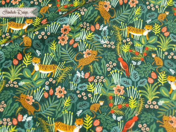 25cm Baumwollstoff „Jungle Hunter – Menagerie grün " Patchworkstoff mit Dschungeltieren wie Tiger und Leoparden von Cotton + Steel