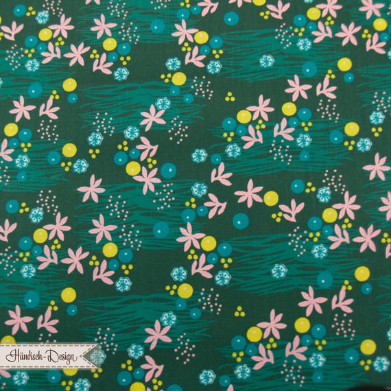 25cm Baumwollstoff „Ocean Dark Green – Aquarius" Blubberblasen/Blumen dklgrün