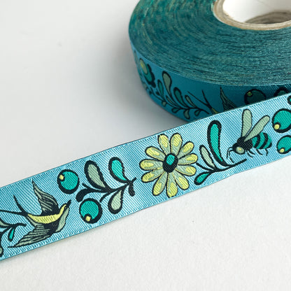 Webband „Blue Birds & Bees" Schwalbe und Biene hellblau Renaissance Ribbons