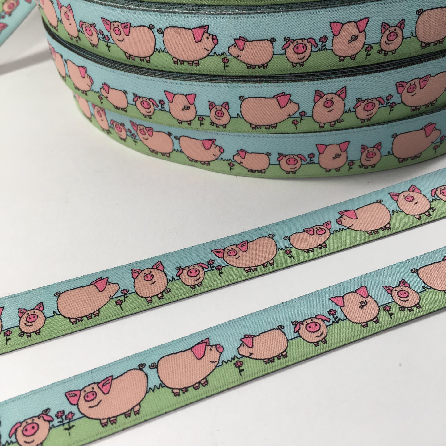 Webband Glücksschweinchen rosa/grün/bleu