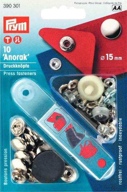 10 Anorak-Druckknöpfe silber 15mm Prym