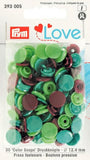 30 Druckknöpfe „Color Snaps Love"  hellgrün/grün/braun 12,4mm Prym