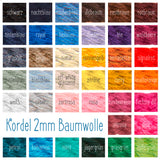 Farbübersicht der 2mm-Kordel aus Baumwolle