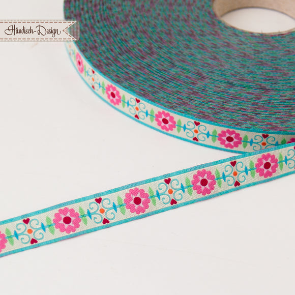 Medallionblumen Webband pink/türkis/grün