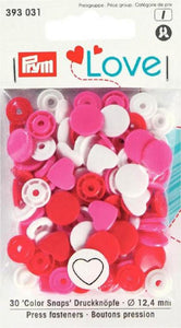 30 Druckknöpfe „Color Snaps Love" Herz pink/weiß/rot 12,4mm Prym